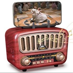 Retro Bluetooth Radio with Phone Holder - Red and Gold